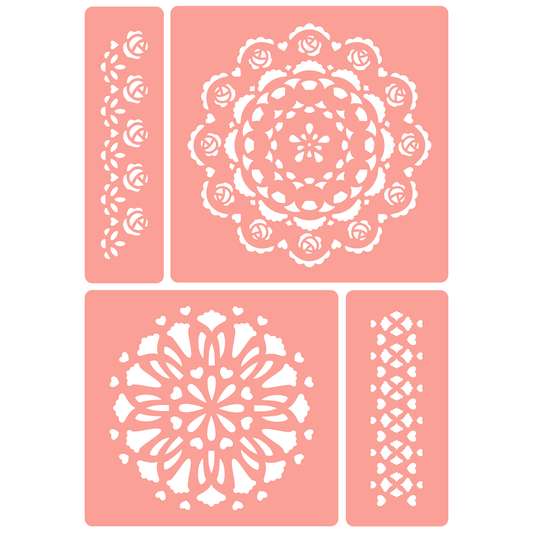 Reusable Stencil - Professional Quality - Doilies & Borders - Made in the UK - High Adhesive -  Pink Vinyl Material for Glass, Mirrors, Bottles, Tiles, Wood