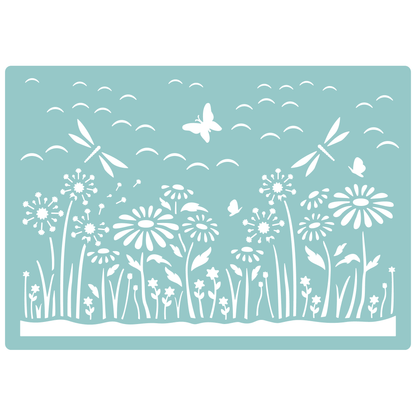 Reusable Stencil - Professional Quality - Dragonfly Meadow - Made in the UK - Low Adhesive -  Blue Vinyl Material for Cardmaking, Canvas, Paper, Interior Decor, Layering