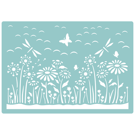 Reusable Stencil - Professional Quality - Dragonfly Meadow - Made in the UK - Low Adhesive -  Blue Vinyl Material for Cardmaking, Canvas, Paper, Interior Decor, Layering
