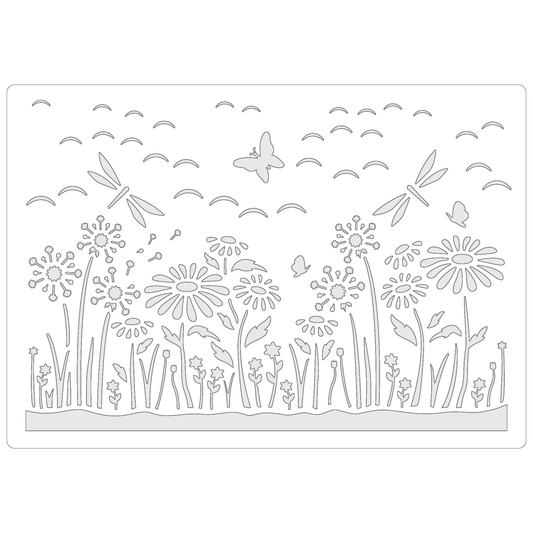 Reusable Stencil - Professional Quality - Dragonfly Meadow - Made in the UK - Food Safe Non Adhesive -  White Laser Cut PET Material for Cakes, Cookies, Coffees, Serving Plates