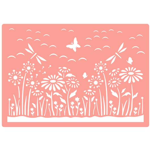 Reusable Stencil - Professional Quality - Dragonfly Meadow - Made in the UK - High Adhesive -  Pink Vinyl Material for Glass, Mirrors, Bottles, Tiles, Wood