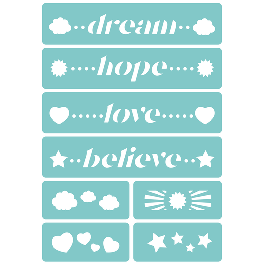 Reusable Stencil - Professional Quality - Dream, Hope, Love, Believe - Made in the UK - Low Adhesive -  Blue Vinyl Material for Cardmaking, Canvas, Paper, Interior Decor, Layering