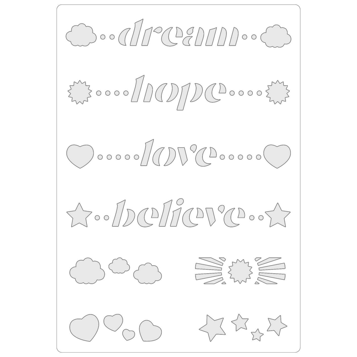 Reusable Stencil - Professional Quality - Dream, Hope, Love, Believe - Made in the UK - Food Safe Non Adhesive -  White Laser Cut PET Material for Cakes, Cookies, Coffees, Serving Plates