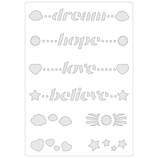 Reusable Stencil - Professional Quality - Dream, Hope, Love, Believe - Made in the UK - Food Safe Non Adhesive -  White Laser Cut PET Material for Cakes, Cookies, Coffees, Serving Plates
