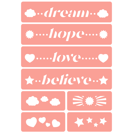 Reusable Stencil - Professional Quality - Dream, Hope, Love, Believe - Made in the UK - High Adhesive -  Pink Vinyl Material for Glass, Mirrors, Bottles, Tiles, Wood