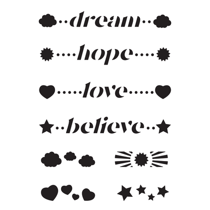 Reusable Stencil - Professional Quality - Dream, Hope, Love, Believe - Made in the UK - High Adhesive -  Pink Vinyl Material for Glass, Mirrors, Bottles, Tiles, Wood