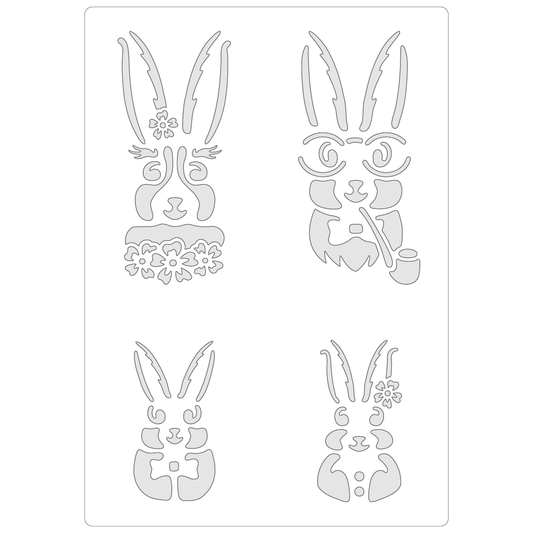 Reusable Stencil - Professional Quality - Easter Bunny Family - Made in the UK - Food Safe Non Adhesive -  White Laser Cut PET Material for Cakes, Cookies, Coffees, Serving Plates