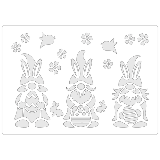 Reusable Stencil - Professional Quality - Easter Gnomes #1 - Made in the UK - Food Safe Non Adhesive -  White Laser Cut PET Material for Cakes, Cookies, Coffees, Serving Plates