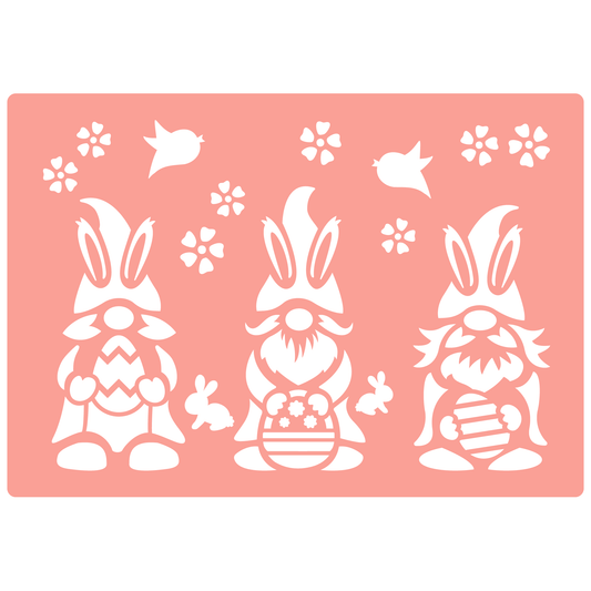 Reusable Stencil - Professional Quality - Easter Gnomes #1 - Made in the UK - High Adhesive -  Pink Vinyl Material for Glass, Mirrors, Bottles, Tiles, Wood
