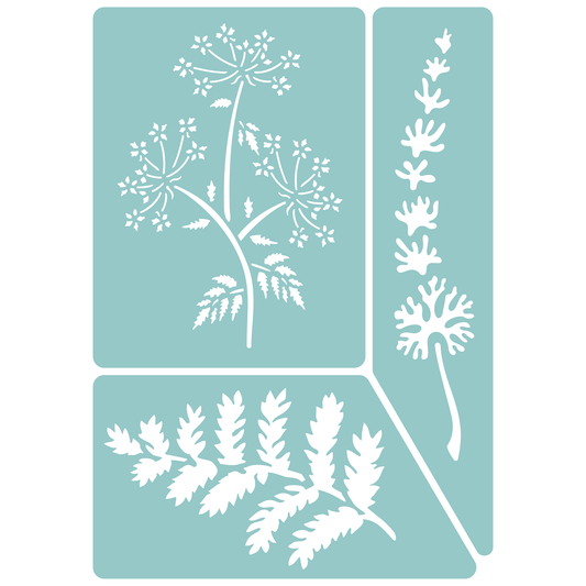 Reusable Stencil - Professional Quality - Ferns & Flowers #2 - Made in the UK - Low Adhesive -  Blue Vinyl Material for Cardmaking, Canvas, Paper, Interior Decor, Layering