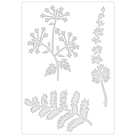 Reusable Stencil - Professional Quality - Ferns & Flowers #2 - Made in the UK - Food Safe Non Adhesive -  White Laser Cut PET Material for Cakes, Cookies, Coffees, Serving Plates