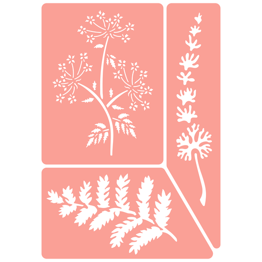 Reusable Stencil - Professional Quality - Ferns & Flowers #2 - Made in the UK - High Adhesive -  Pink Vinyl Material for Glass, Mirrors, Bottles, Tiles, Wood