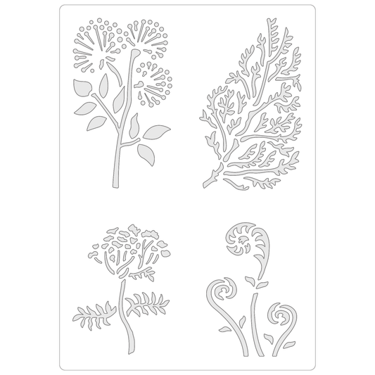 Reusable Stencil - Professional Quality - Ferns & Flowers #1 - Made in the UK - Food Safe Non Adhesive -  White Laser Cut PET Material for Cakes, Cookies, Coffees, Serving Plates
