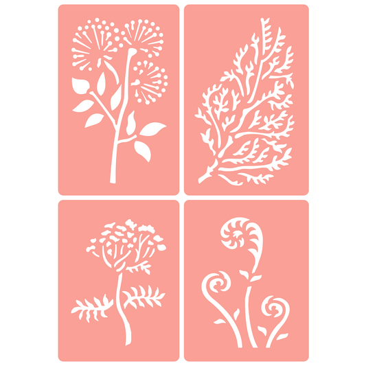 Reusable Stencil - Professional Quality - Ferns & Flowers #1 - Made in the UK - High Adhesive -  Pink Vinyl Material for Glass, Mirrors, Bottles, Tiles, Wood