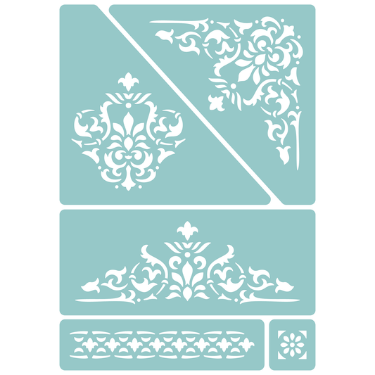 Reusable Stencil - Professional Quality - Fleur de Lys Motifs - Made in the UK - Low Adhesive -  Blue Vinyl Material for Cardmaking, Canvas, Paper, Interior Decor, Layering