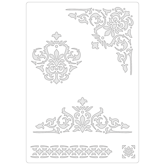 Reusable Stencil - Professional Quality - Fleur de Lys Motifs - Made in the UK - Food Safe Non Adhesive -  White Laser Cut PET Material for Cakes, Cookies, Coffees, Serving Plates