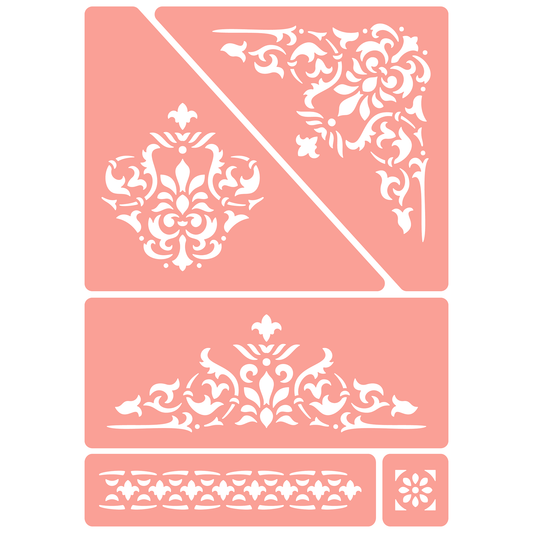 Reusable Stencil - Professional Quality - Fleur de Lys Motifs - Made in the UK - High Adhesive -  Pink Vinyl Material for Glass, Mirrors, Bottles, Tiles, Wood
