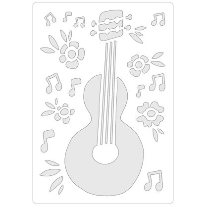 Reusable Stencil - Professional Quality - Floral Flamenco Guitar - Made in the UK - Food Safe Non Adhesive -  White Laser Cut PET Material for Cakes, Cookies, Coffees, Serving Plates