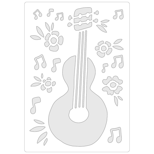 Reusable Stencil - Professional Quality - Floral Flamenco Guitar - Made in the UK - Food Safe Non Adhesive -  White Laser Cut PET Material for Cakes, Cookies, Coffees, Serving Plates