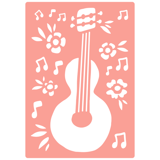 Reusable Stencil - Professional Quality - Floral Flamenco Guitar - Made in the UK - High Adhesive -  Pink Vinyl Material for Glass, Mirrors, Bottles, Tiles, Wood