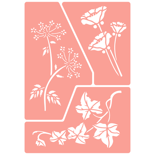 Reusable Stencil - Professional Quality - Flower Collection #1 - Made in the UK - High Adhesive -  Pink Vinyl Material for Glass, Mirrors, Bottles, Tiles, Wood