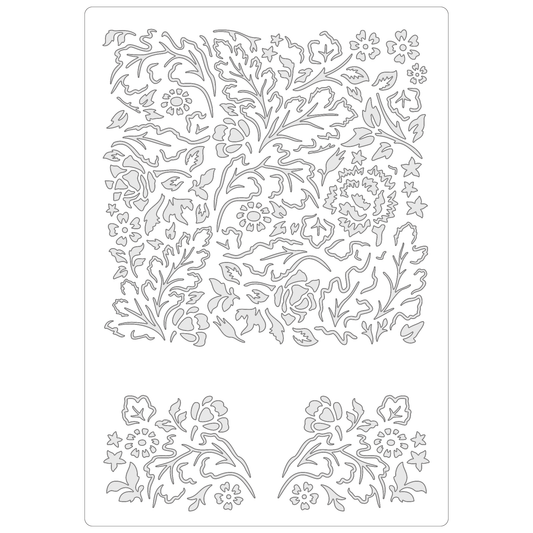 Reusable Stencil - Professional Quality - Flowers & Leaves Background - Made in the UK - Food Safe Non Adhesive -  White Laser Cut PET Material for Cakes, Cookies, Coffees, Serving Plates