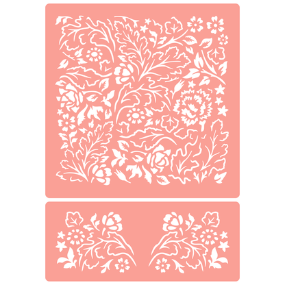 Reusable Stencil - Professional Quality - Flowers & Leaves Background - Made in the UK - High Adhesive -  Pink Vinyl Material for Glass, Mirrors, Bottles, Tiles, Wood