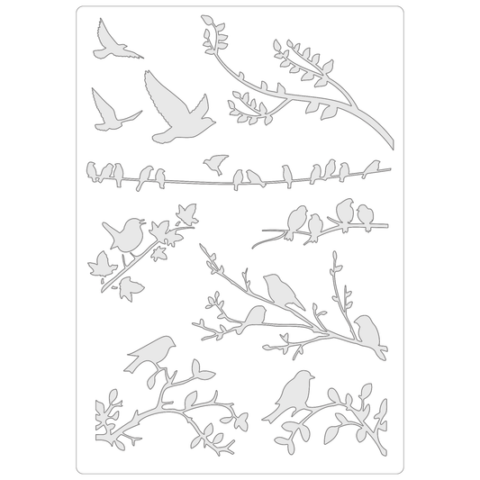 Reusable Stencil - Professional Quality - Garden Birds #2 - Made in the UK - Food Safe Non Adhesive -  White Laser Cut PET Material for Cakes, Cookies, Coffees, Serving Plates