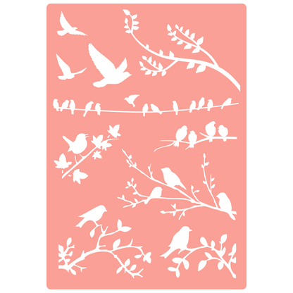 Reusable Stencil - Professional Quality - Garden Birds #2 - Made in the UK - High Adhesive -  Pink Vinyl Material for Glass, Mirrors, Bottles, Tiles, Wood
