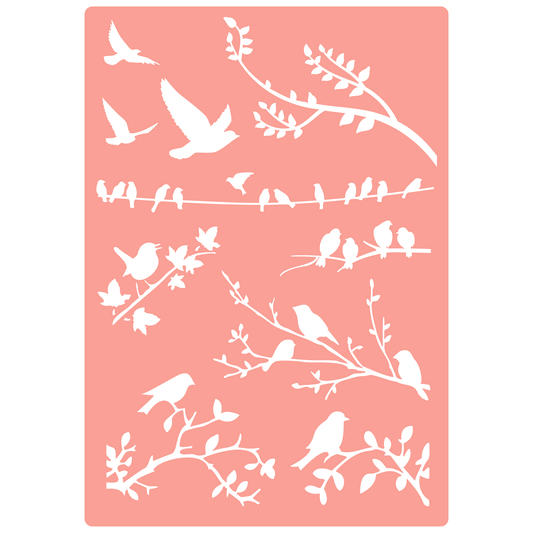 Reusable Stencil - Professional Quality - Garden Birds #2 - Made in the UK - High Adhesive -  Pink Vinyl Material for Glass, Mirrors, Bottles, Tiles, Wood