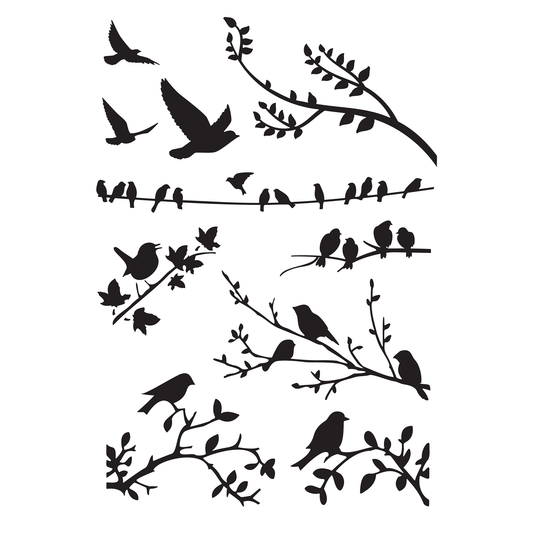 Reusable Stencil - Professional Quality - Garden Birds #2 - Made in the UK - Food Safe Non Adhesive -  White Laser Cut PET Material for Cakes, Cookies, Coffees, Serving Plates