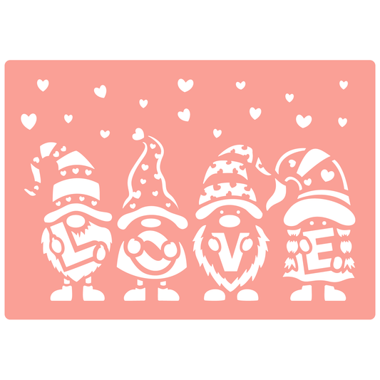 Reusable Stencil - Professional Quality - Gnomes In LOVE - Made in the UK - High Adhesive -  Pink Vinyl Material for Glass, Mirrors, Bottles, Tiles, Wood