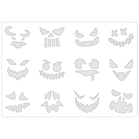 Reusable Stencil - Professional Quality - Halloween Faces - Made in the UK - Food Safe Non Adhesive -  White Laser Cut PET Material for Cakes, Cookies, Coffees, Serving Plates