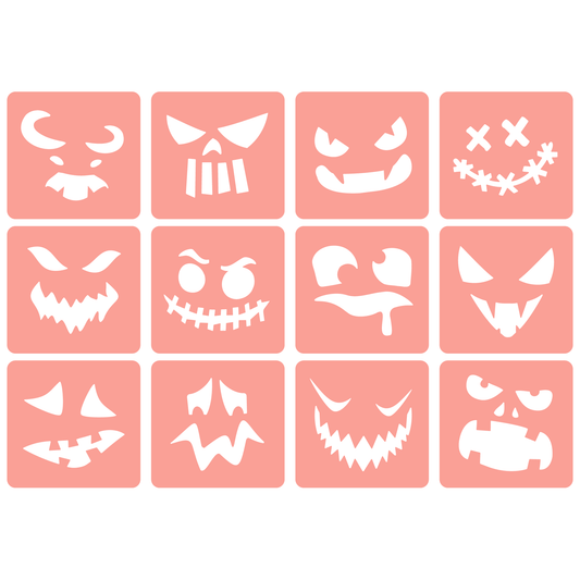 Reusable Stencil - Professional Quality - Halloween Faces - Made in the UK - High Adhesive -  Pink Vinyl Material for Glass, Mirrors, Bottles, Tiles, Wood