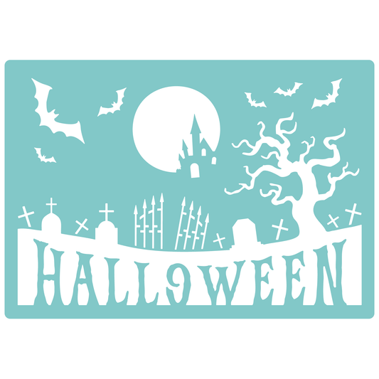 Reusable Stencil - Professional Quality - Halloween Graveyard - Made in the UK - Low Adhesive -  Blue Vinyl Material for Cardmaking, Canvas, Paper, Interior Decor, Layering