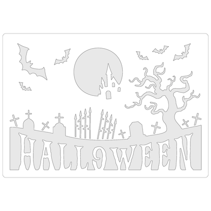 Reusable Stencil - Professional Quality - Halloween Graveyard - Made in the UK - Food Safe Non Adhesive -  White Laser Cut PET Material for Cakes, Cookies, Coffees, Serving Plates
