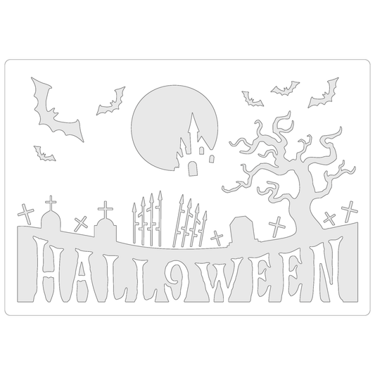 Reusable Stencil - Professional Quality - Halloween Graveyard - Made in the UK - Food Safe Non Adhesive -  White Laser Cut PET Material for Cakes, Cookies, Coffees, Serving Plates