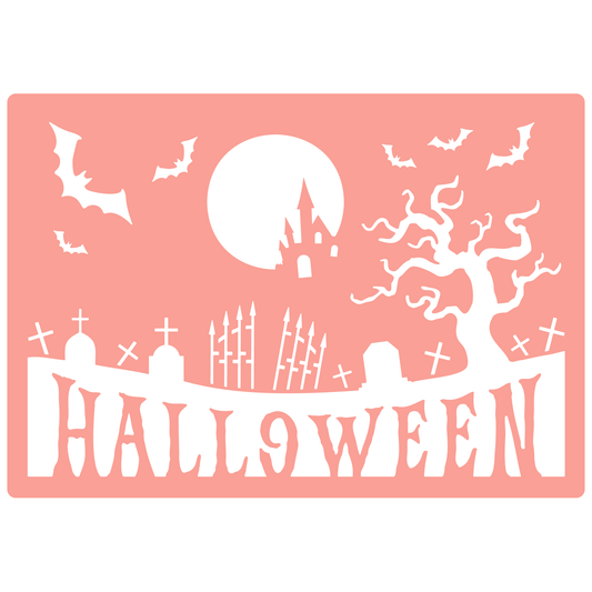 Reusable Stencil - Professional Quality - Halloween Graveyard - Made in the UK - High Adhesive -  Pink Vinyl Material for Glass, Mirrors, Bottles, Tiles, Wood