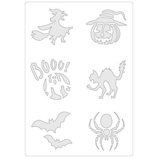 Reusable Stencil - Professional Quality - Halloween Icons - Made in the UK - Food Safe Non Adhesive -  White Laser Cut PET Material for Cakes, Cookies, Coffees, Serving Plates