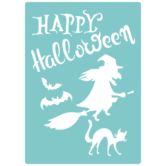 Reusable Stencil - Professional Quality - Halloween Witch, Bat & Cat - Made in the UK - Low Adhesive -  Blue Vinyl Material for Cardmaking, Canvas, Paper, Interior Decor, Layering