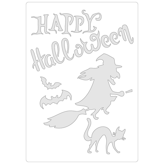 Reusable Stencil - Professional Quality - Halloween Witch, Bat & Cat - Made in the UK - Food Safe Non Adhesive -  White Laser Cut PET Material for Cakes, Cookies, Coffees, Serving Plates