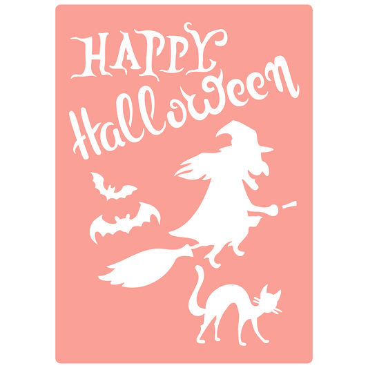Reusable Stencil - Professional Quality - Halloween Witch, Bat & Cat - Made in the UK - High Adhesive -  Pink Vinyl Material for Glass, Mirrors, Bottles, Tiles, Wood