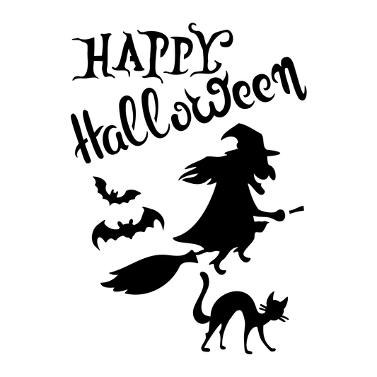 Reusable Stencil - Professional Quality - Halloween Witch, Bat & Cat - Made in the UK - Food Safe Non Adhesive -  White Laser Cut PET Material for Cakes, Cookies, Coffees, Serving Plates