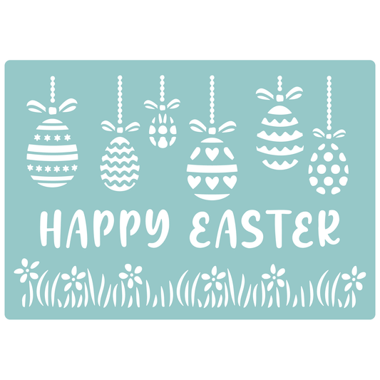 Reusable Stencil - Professional Quality - Happy Easter Baubles - Made in the UK - Low Adhesive -  Blue Vinyl Material for Cardmaking, Canvas, Paper, Interior Decor, Layering