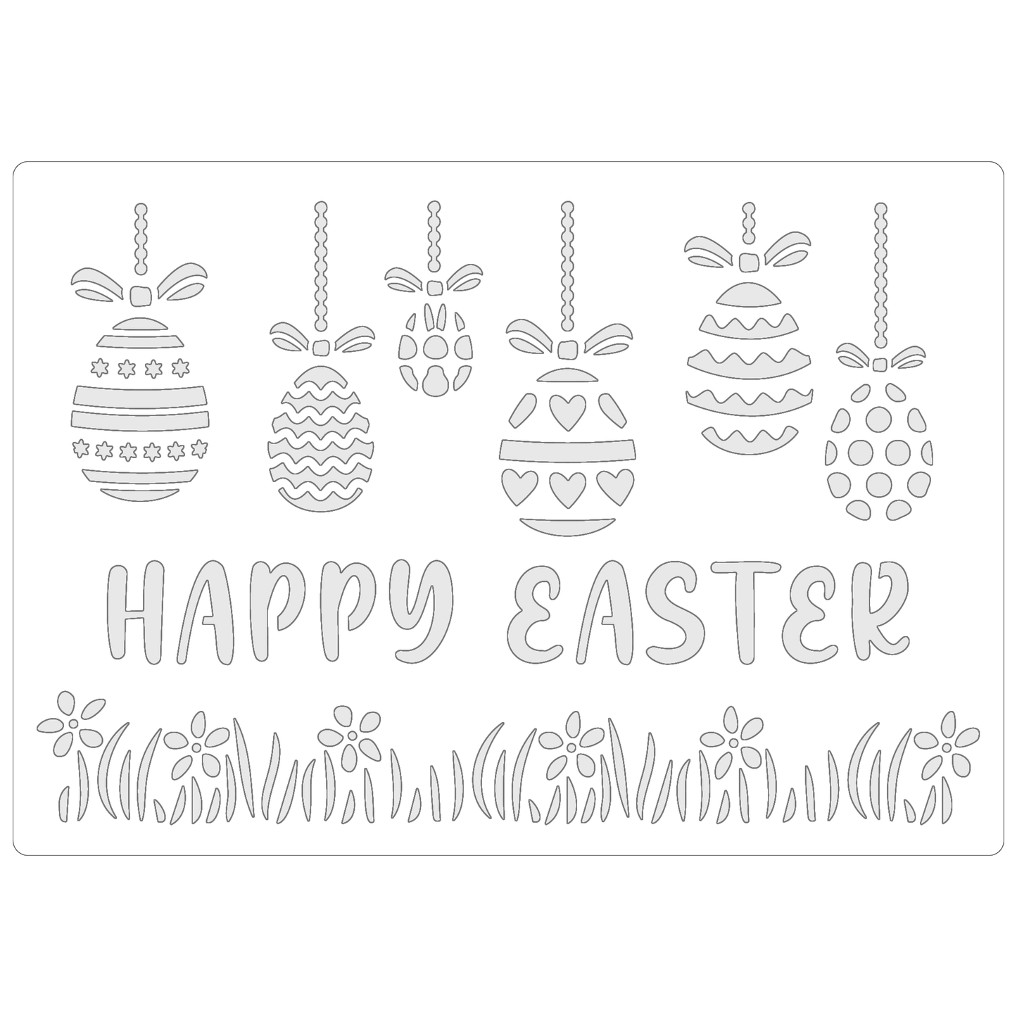Reusable Stencil - Professional Quality - Happy Easter Baubles - Made in the UK - Food Safe Non Adhesive -  White Laser Cut PET Material for Cakes, Cookies, Coffees, Serving Plates