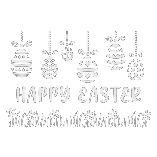 Reusable Stencil - Professional Quality - Happy Easter Baubles - Made in the UK - Food Safe Non Adhesive -  White Laser Cut PET Material for Cakes, Cookies, Coffees, Serving Plates