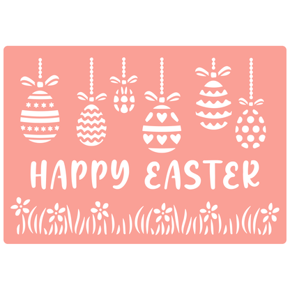 Reusable Stencil - Professional Quality - Happy Easter Baubles - Made in the UK - High Adhesive -  Pink Vinyl Material for Glass, Mirrors, Bottles, Tiles, Wood