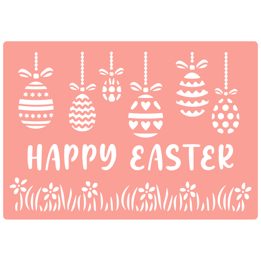 Reusable Stencil - Professional Quality - Happy Easter Baubles - Made in the UK - High Adhesive -  Pink Vinyl Material for Glass, Mirrors, Bottles, Tiles, Wood