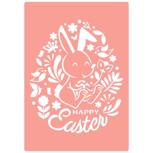 Reusable Stencil - Professional Quality - Happy Easter Bunny - Made in the UK - High Adhesive -  Pink Vinyl Material for Glass, Mirrors, Bottles, Tiles, Wood