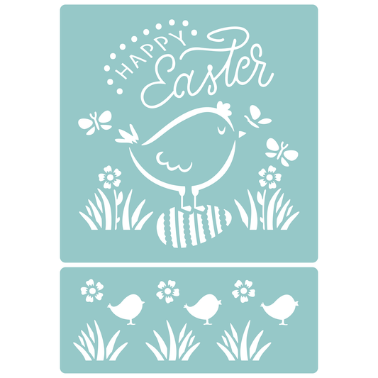 Reusable Stencil - Professional Quality - Happy Easter Chick & Egg - Made in the UK - Low Adhesive -  Blue Vinyl Material for Cardmaking, Canvas, Paper, Interior Decor, Layering